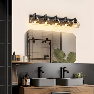 English Elm Bathroom Light Fixtures - 5-Lights Modern Black Vanity Sconce With Clear Glass Shades For Glam Spaces W1340P353041