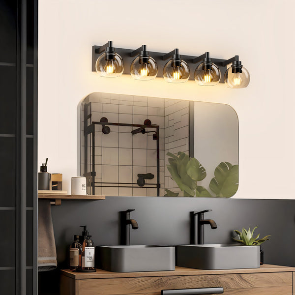 English Elm Bathroom Light Fixtures - 5-Lights Modern Black Vanity Sconce With Clear Glass Shades For Glam Spaces W1340P353041