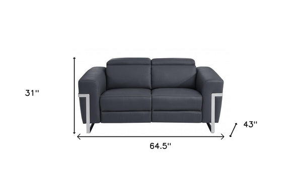 Homeroots 65" Gray And Silver Italian Leather Power Reclining Loveseat Dark Grey  482200