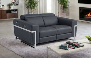 Homeroots 65" Gray And Silver Italian Leather Power Reclining Loveseat Dark Grey  482200