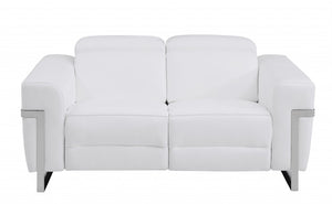 Homeroots 65" White And Silver Italian Leather Power Reclining Loveseat White  482201