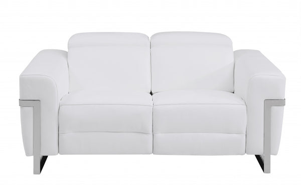 Homeroots 65" White And Silver Italian Leather Power Reclining Loveseat White  482201