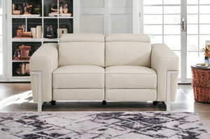 Homeroots 65" Beige And Silver Italian Leather Power Reclining Loveseat Beige  482202