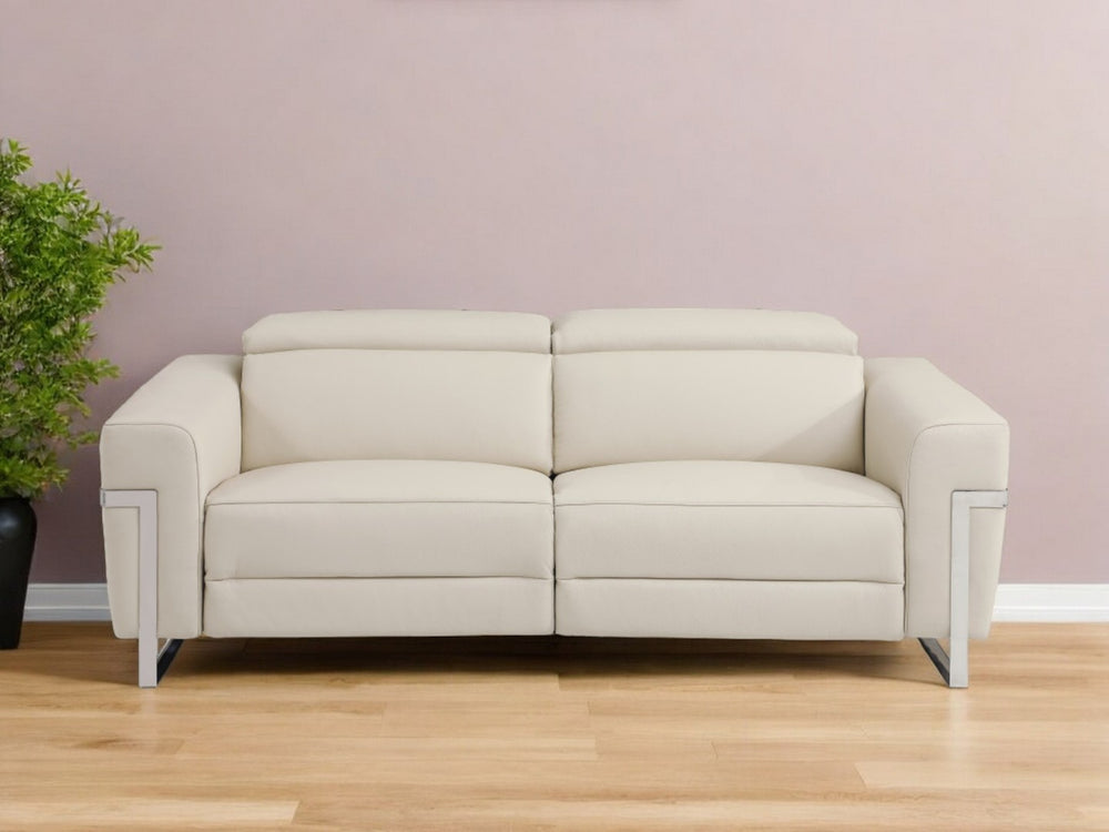 HomeRoots 83" Italian Leather Power Reclining Sofa with Silver Legs - Modern Comfort for Any Space BEIGE 482205