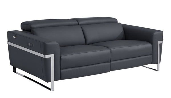 HomeRoots 83" Italian Leather Power Reclining Sofa with Silver Legs - Modern Comfort for Any Space DARK GRAY 482206