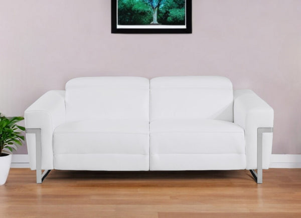 HomeRoots 83" Italian Leather Power Reclining Sofa with Silver Legs - Modern Comfort for Any Space WHITE 482207