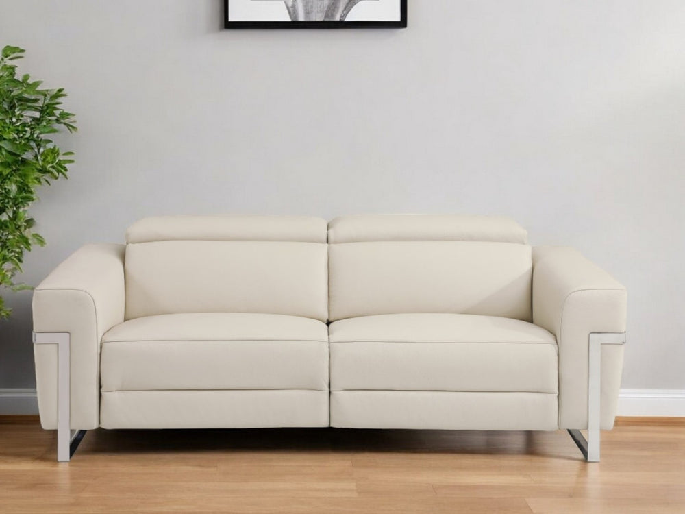 HomeRoots 83" Italian Leather Power Reclining Sofa with USB and Sleek Silver Legs for Luxurious Comfort BEIGE 482208