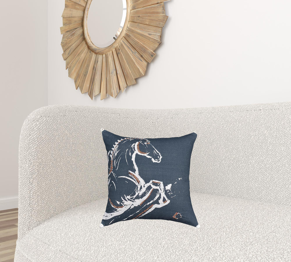 Homeroots 18" X 18" Gray Horse Zippered Handmade Cotton Blend Throw Pillow With Embroidery   482211