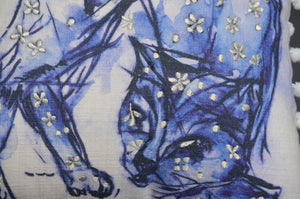 Homeroots 18" X 18" Blue And White Abstract Cat Throw Pillow With Pom Poms   482212