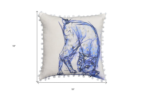 Homeroots 18" X 18" Blue And White Abstract Cat Throw Pillow With Pom Poms   482212
