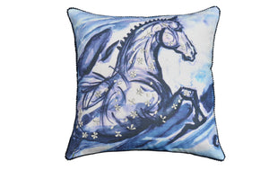Homeroots 18" X 18" Blue Horse Zippered Cotton Blend Throw Pillow With Embroidery   482213