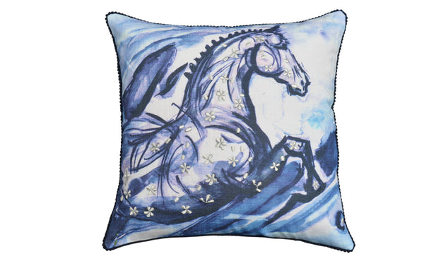 Homeroots 18" X 18" Blue Horse Zippered Cotton Blend Throw Pillow With Embroidery   482213