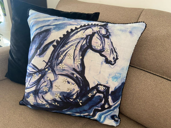 Homeroots 18" X 18" Blue Horse Zippered Cotton Blend Throw Pillow With Embroidery   482213