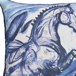 Homeroots 18" X 18" Blue Horse Zippered Cotton Blend Throw Pillow With Embroidery   482213