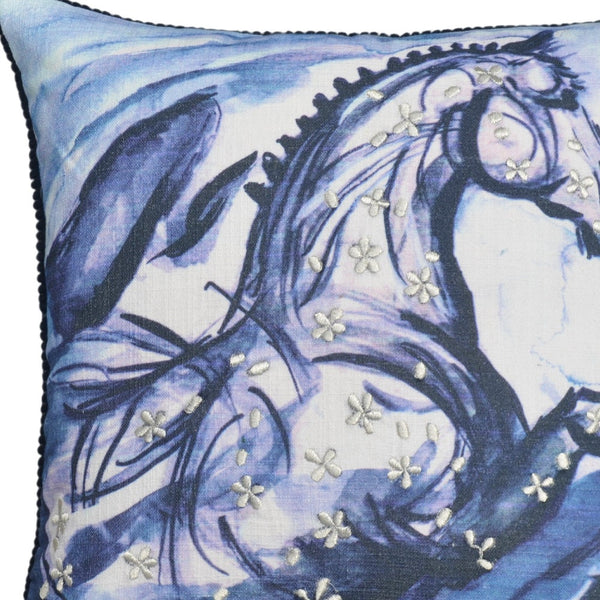 Homeroots 18" X 18" Blue Horse Zippered Cotton Blend Throw Pillow With Embroidery   482213