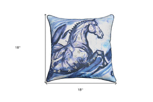 Homeroots 18" X 18" Blue Horse Zippered Cotton Blend Throw Pillow With Embroidery   482213