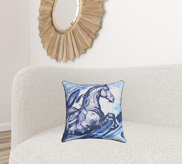 Homeroots 18" X 18" Blue Horse Zippered Cotton Blend Throw Pillow With Embroidery   482213