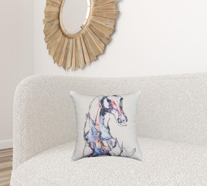 Homeroots 18" X 18" Light Blue And Off White Horse Zippered Cotton Blend Throw Pillow   482214