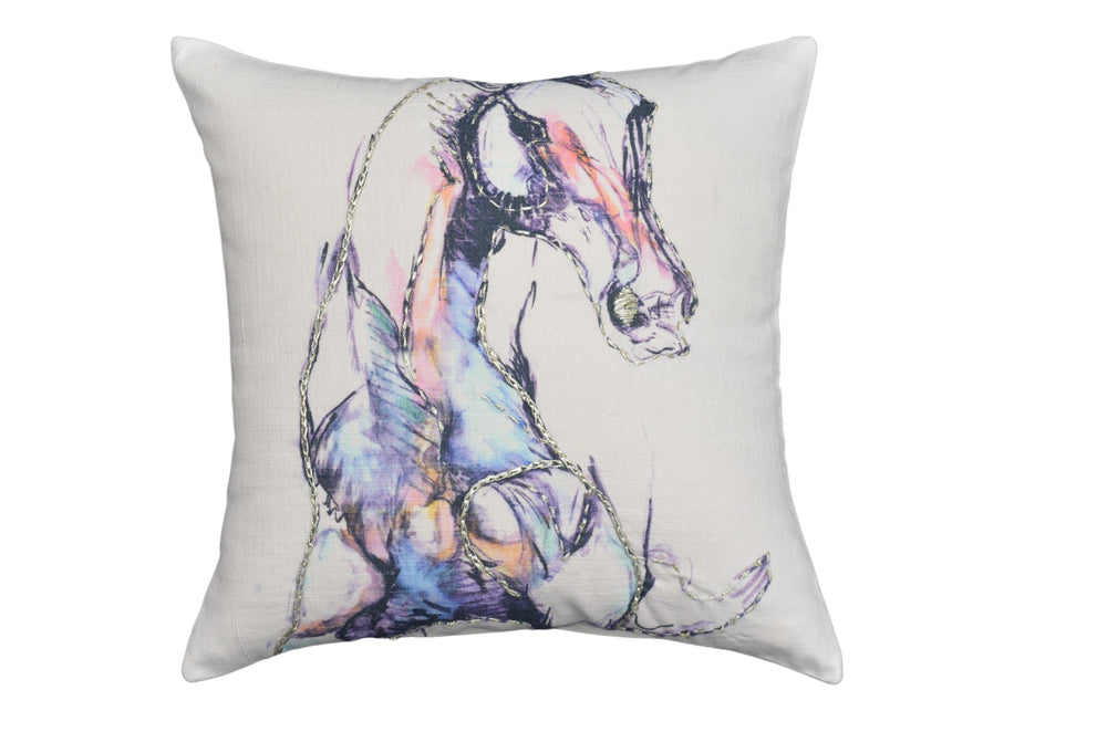Homeroots 18" X 18" Light Blue And Off White Horse Zippered Cotton Blend Throw Pillow   482214