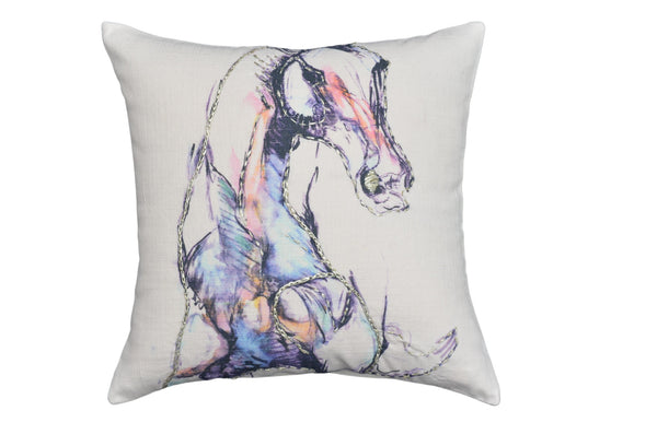 Homeroots 18" X 18" Light Blue And Off White Horse Zippered Cotton Blend Throw Pillow   482214