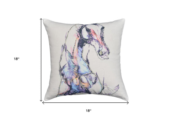 Homeroots 18" X 18" Light Blue And Off White Horse Zippered Cotton Blend Throw Pillow   482214
