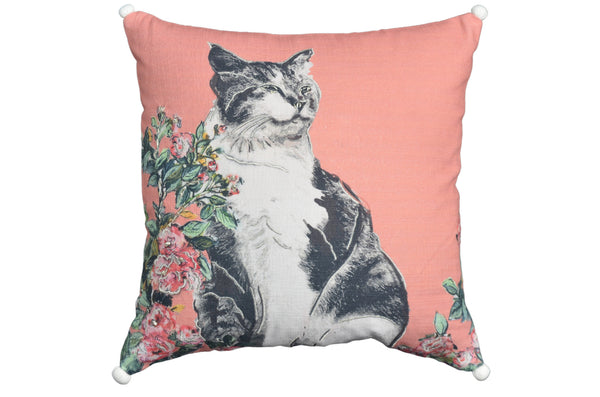 Homeroots 18" X 18" Pink Cat Zippered Handmade Cotton Blend Throw Pillow With Pom Poms   482215