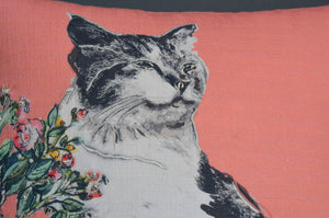 Homeroots 18" X 18" Pink Cat Zippered Handmade Cotton Blend Throw Pillow With Pom Poms   482215