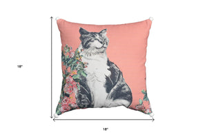 Homeroots 18" X 18" Pink Cat Zippered Handmade Cotton Blend Throw Pillow With Pom Poms   482215