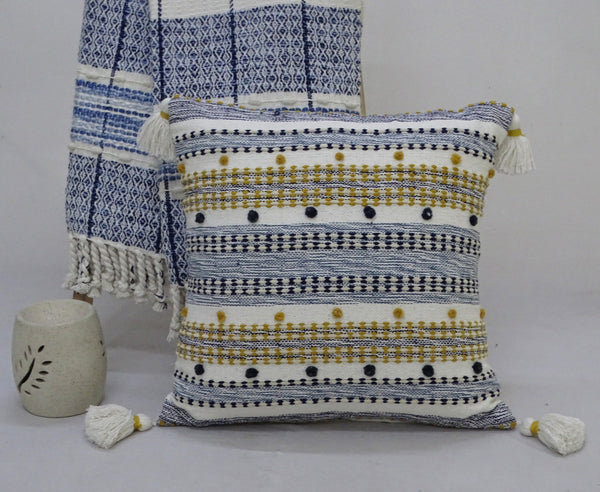 Homeroots 20" X 20" Blue And Gold Striped Handmade Throw Pillow With Tassels   482217