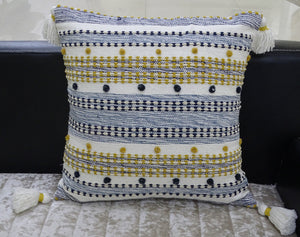Homeroots 20" X 20" Blue And Gold Striped Handmade Throw Pillow With Tassels   482217