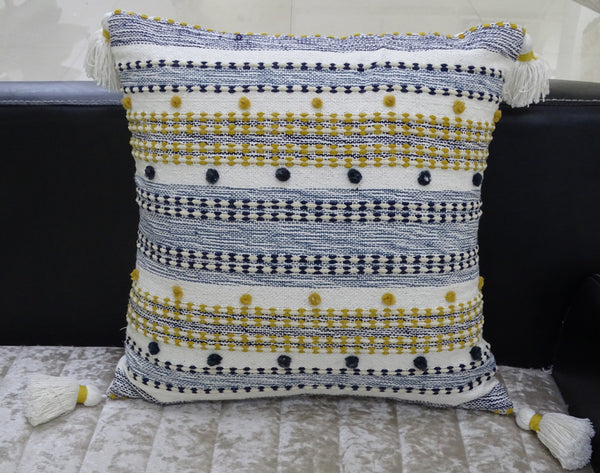 Homeroots 20" X 20" Blue And Gold Striped Handmade Throw Pillow With Tassels   482217