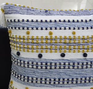 Homeroots 20" X 20" Blue And Gold Striped Handmade Throw Pillow With Tassels   482217