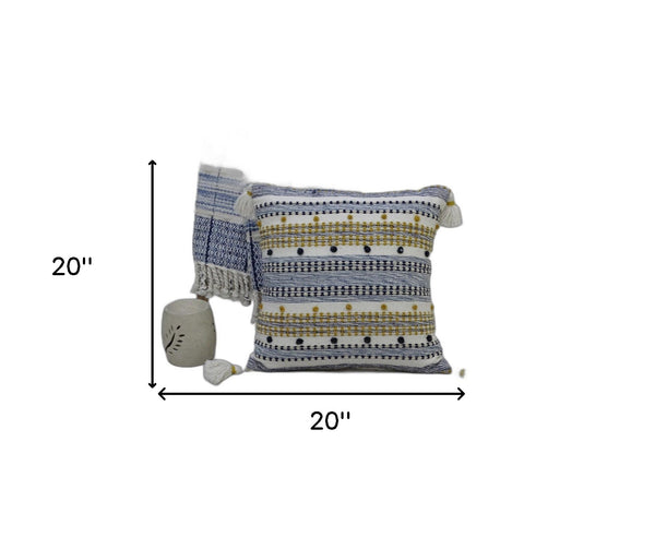 Homeroots 20" X 20" Blue And Gold Striped Handmade Throw Pillow With Tassels   482217