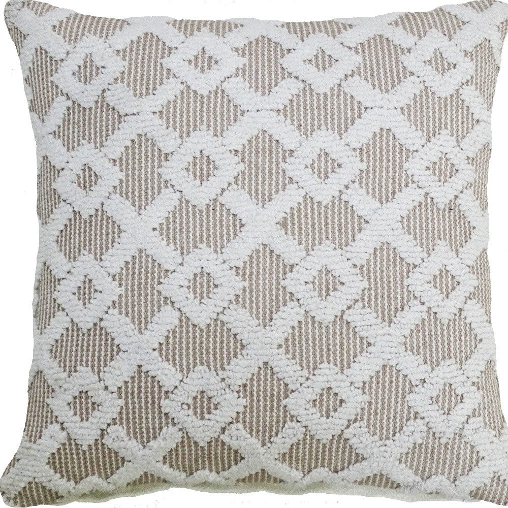 Homeroots 20" X 20" White And Beige Trellis Zippered Cotton Blend Throw Pillow   482218