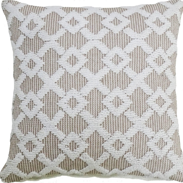 Homeroots 20" X 20" White And Beige Trellis Zippered Cotton Blend Throw Pillow   482218