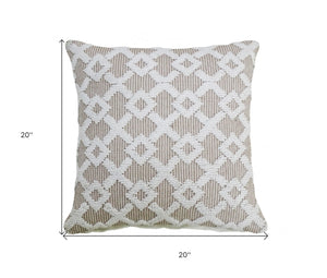 Homeroots 20" X 20" White And Beige Trellis Zippered Cotton Blend Throw Pillow   482218