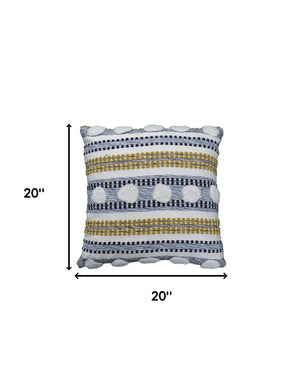 Homeroots 20" X 20" Blue And Yellow Ribbed Zippered Cotton Blend Throw Pillow   482223