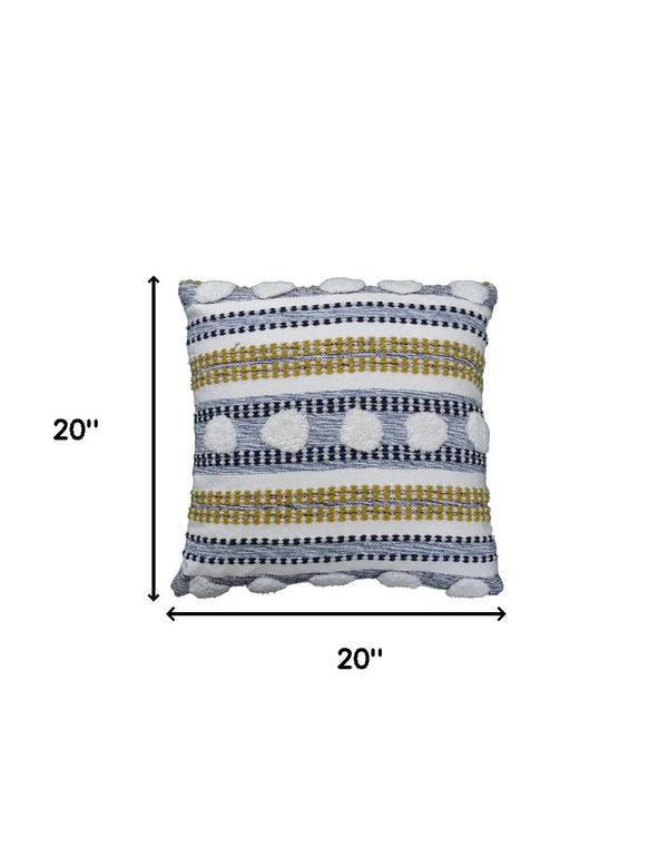 Homeroots 20" X 20" Blue And Yellow Ribbed Zippered Cotton Blend Throw Pillow   482223