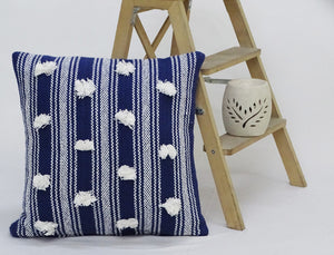 Homeroots 20" X 20" Navy And White Striped Textural Throw Pillow With Pom Poms   482224