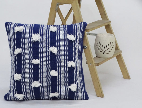 Homeroots 20" X 20" Navy And White Striped Textural Throw Pillow With Pom Poms   482224