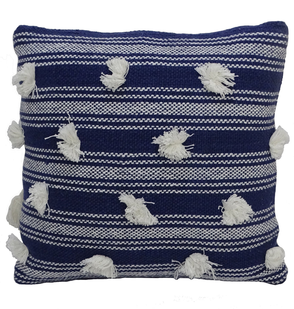 Homeroots 20" X 20" Navy And White Striped Textural Throw Pillow With Pom Poms   482224