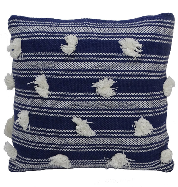 Homeroots 20" X 20" Navy And White Striped Textural Throw Pillow With Pom Poms   482224