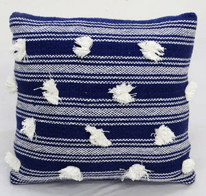 Homeroots 20" X 20" Navy And White Striped Textural Throw Pillow With Pom Poms   482224