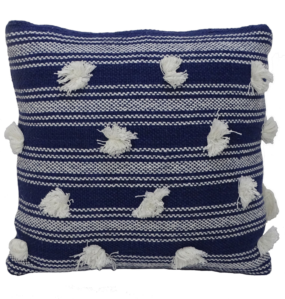 Homeroots 20" X 20" Navy And White Striped Textural Throw Pillow With Pom Poms   482224