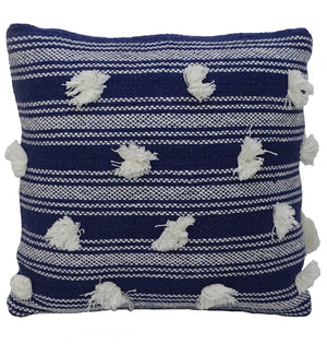 Homeroots 20" X 20" Navy And White Striped Textural Throw Pillow With Pom Poms   482224