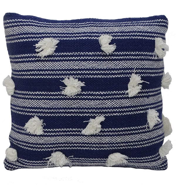 Homeroots 20" X 20" Navy And White Striped Textural Throw Pillow With Pom Poms   482224
