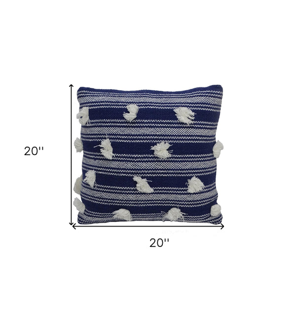 Homeroots 20" X 20" Navy And White Striped Textural Throw Pillow With Pom Poms   482224
