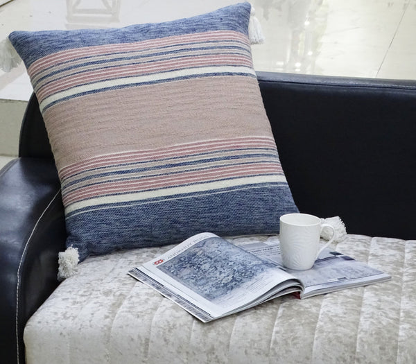 Homeroots 22" X 22" Blue And Tan Striped Handmade Throw Pillow With Tassels   482226