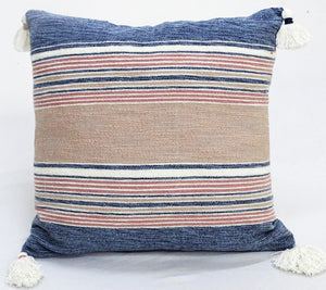 Homeroots 22" X 22" Blue And Tan Striped Handmade Throw Pillow With Tassels   482226
