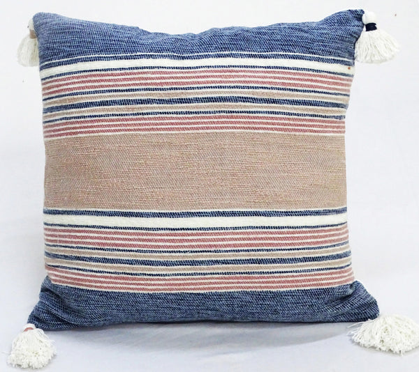 Homeroots 22" X 22" Blue And Tan Striped Handmade Throw Pillow With Tassels   482226